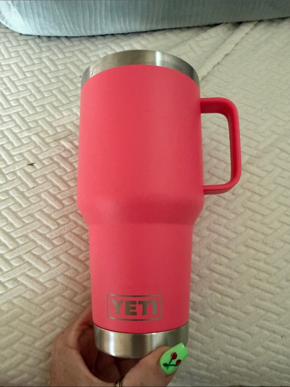 Yeti Coral Pink Tumbler with Handle and Clear Lid - Picture 3 of 8